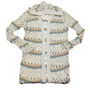 Boho Hippie Cotton Crochet Open Knit Fringe Long Hooded Duster Women's Size M/L